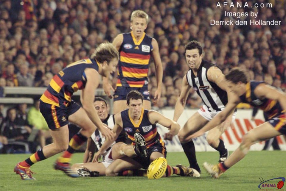 [b]Adelaide Crows and Collingwood Magpie players scramble for posession at AAMI Stadium[/b]
