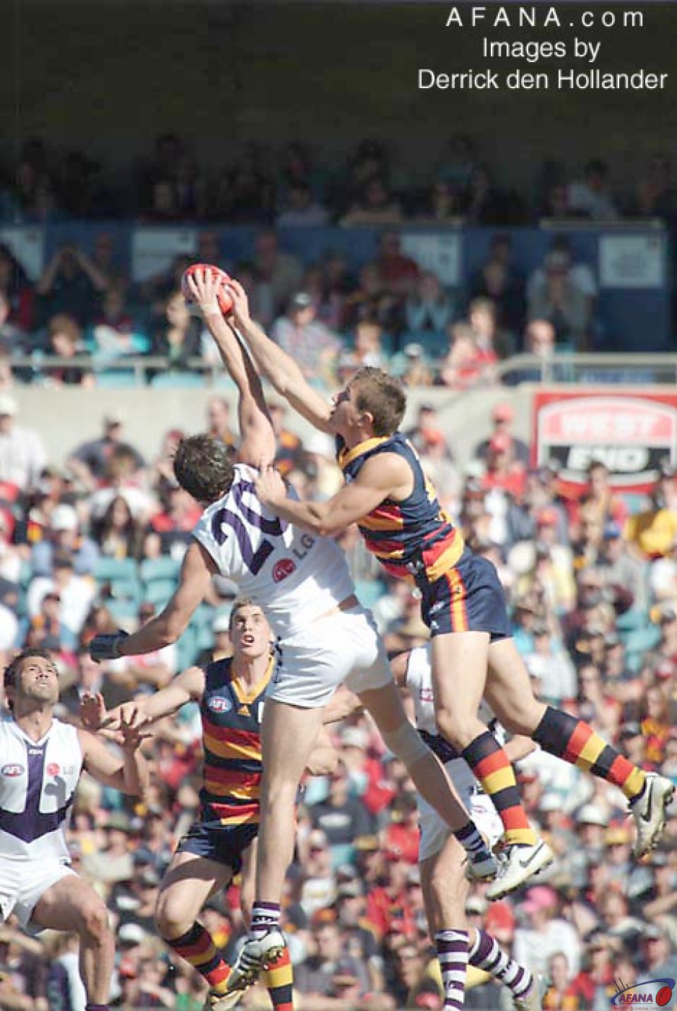 [b]The football is fiercely contested mid air in the Fremantle-v-Crows game[/b]