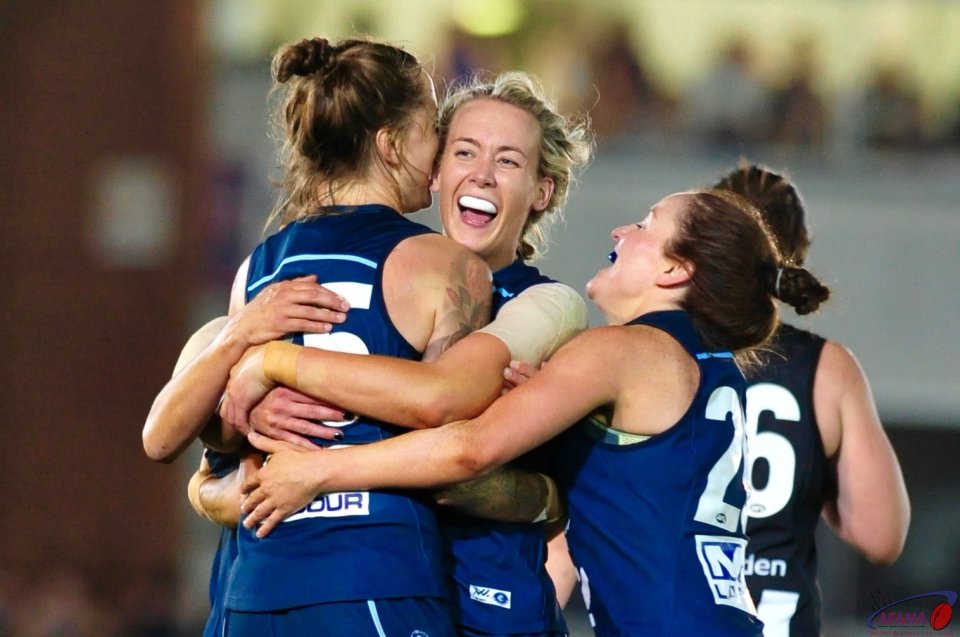Jakobsson's (35) goals is celebrated as the Blues head for Victory