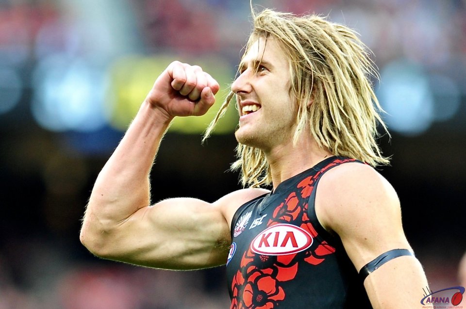 Heppell celebrates a goal and his first ANZAC Day win over the Pies