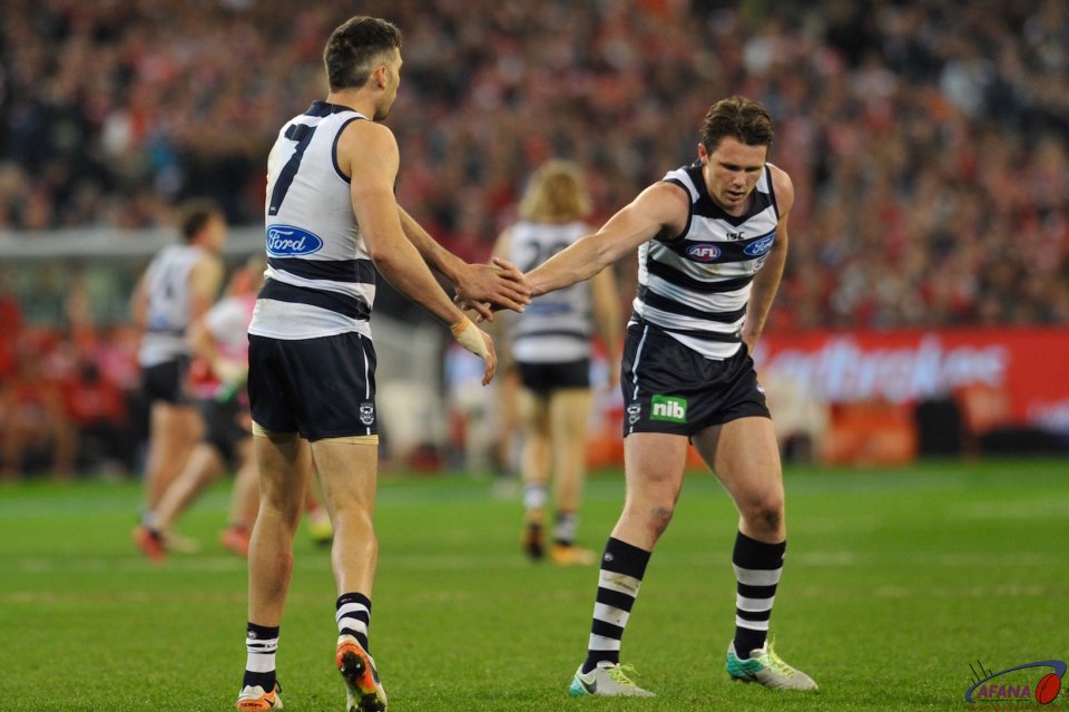 Dangerfield congratulates Taylor on his second goal