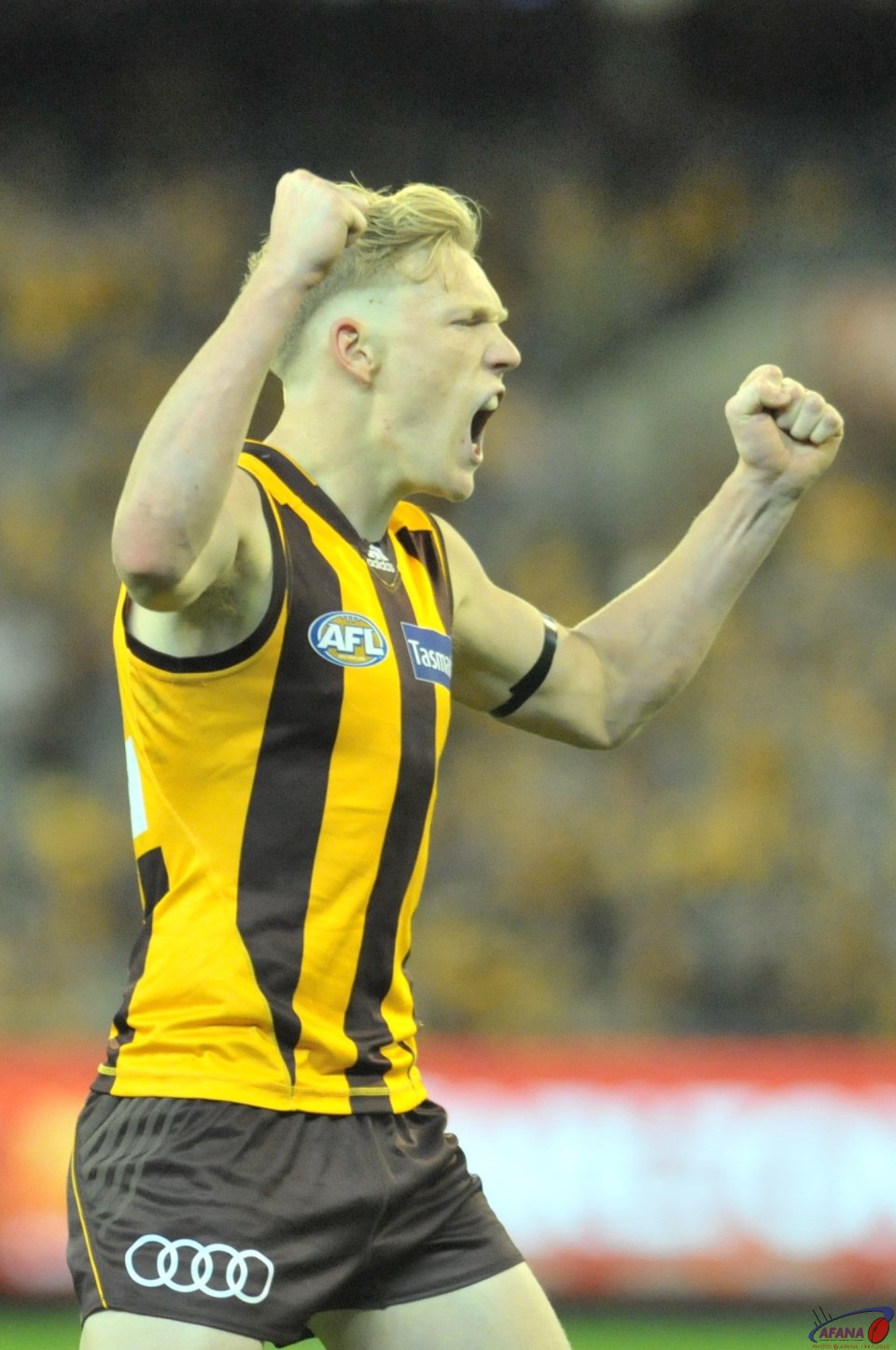 James Sicily celebrates a goal that puts the Hawks in front