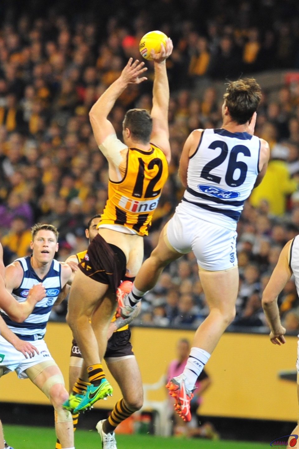 James Frawley marks in front of Tom Hawkins