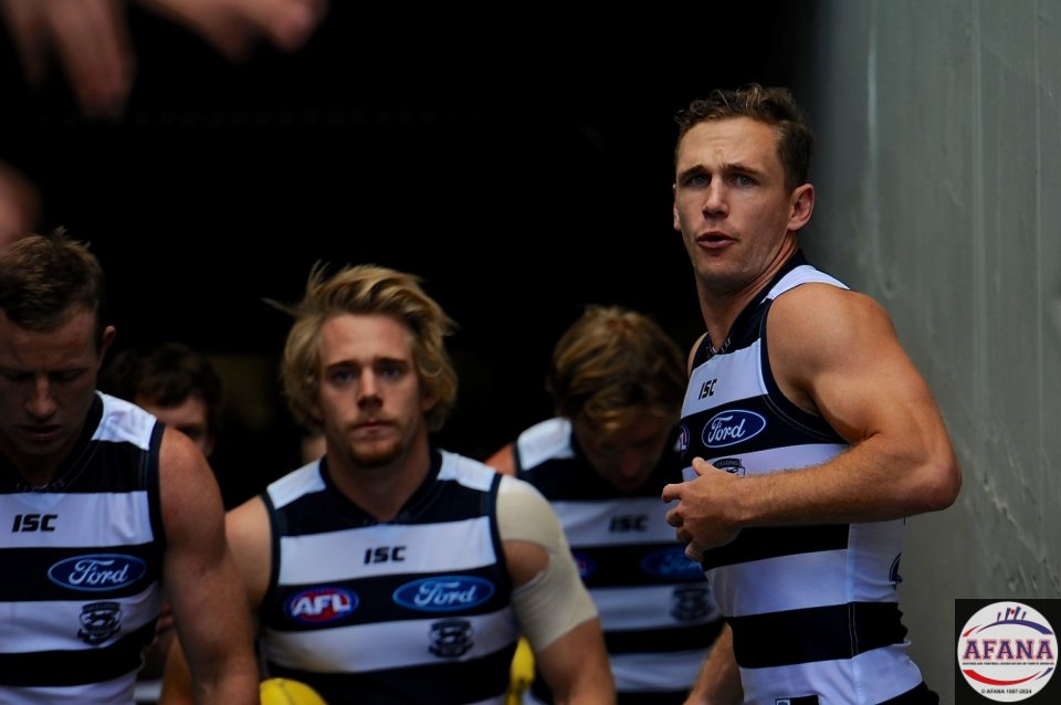Joel Selwood the Cats captain leads his team out of the players race.