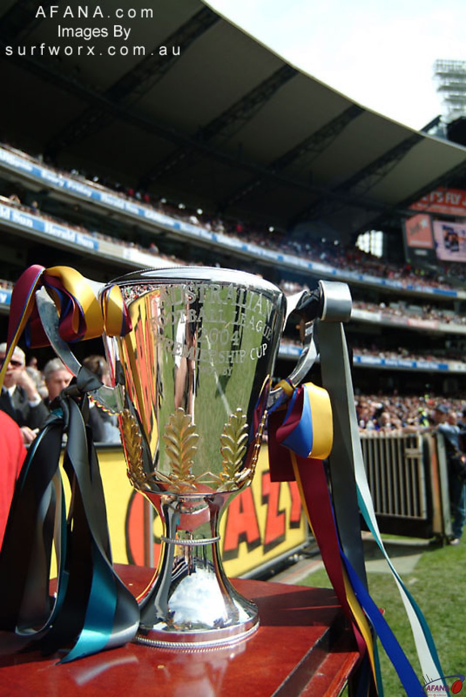 The 2004 AFL Premiership Cup on display.