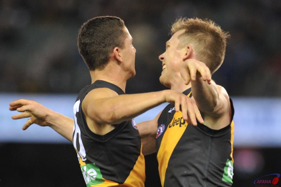 Hampson and Riewoldt celebrate another Tiger goal