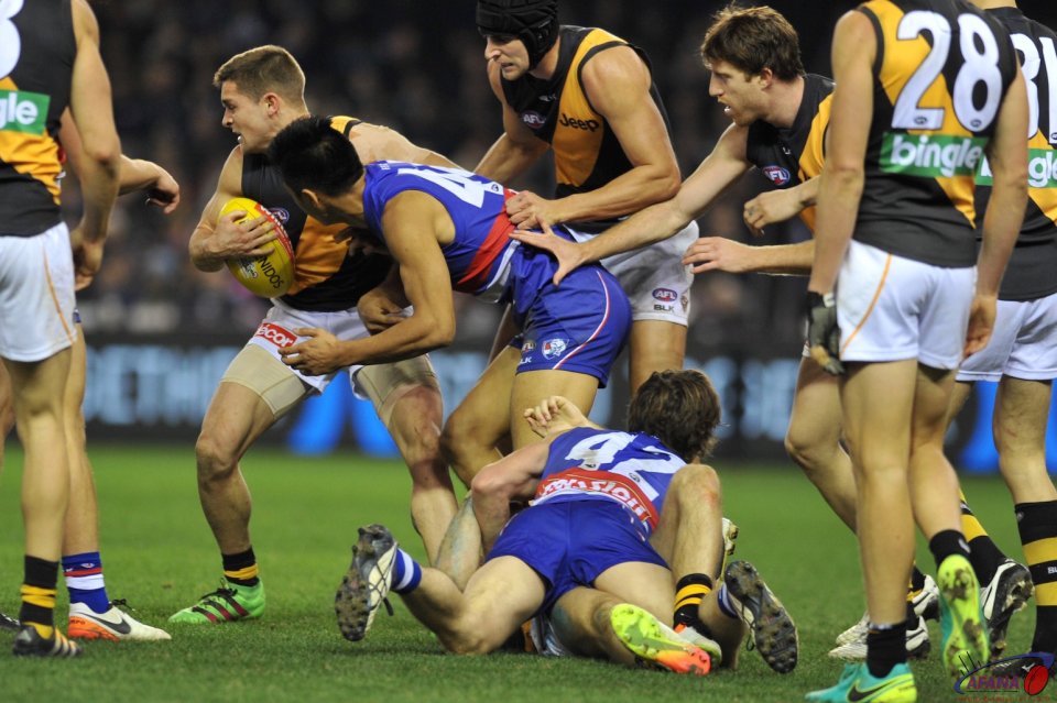 Picken and Lin Jong keep the Bulldogs pressure on Shaun Hampson and the Tigers midfield