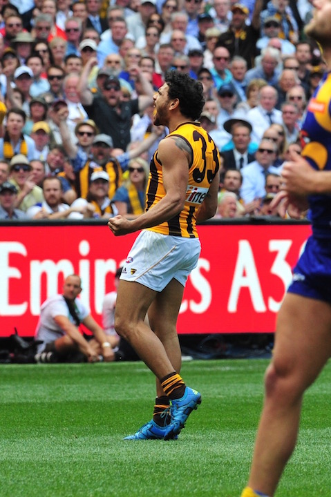 Rioli celebrates another goal for Hawthorn in the AFL Grand Final. Photo by Kim Densham for AFANA.