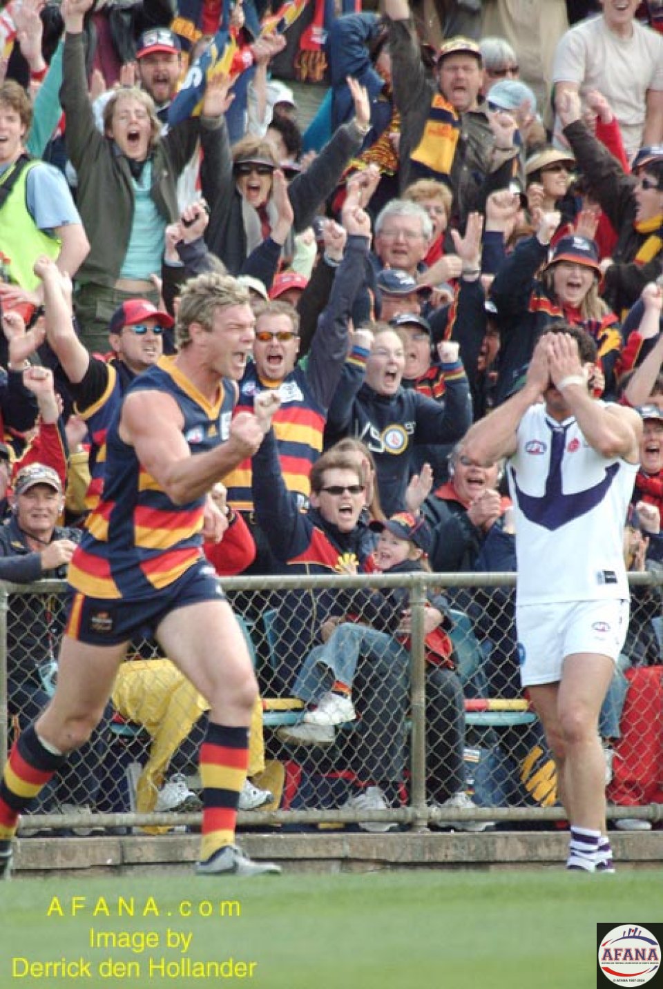 [b]Crows ruckman Rhett Biglands celebrates a miraculous goal against the Fremantle Dockers[/b]