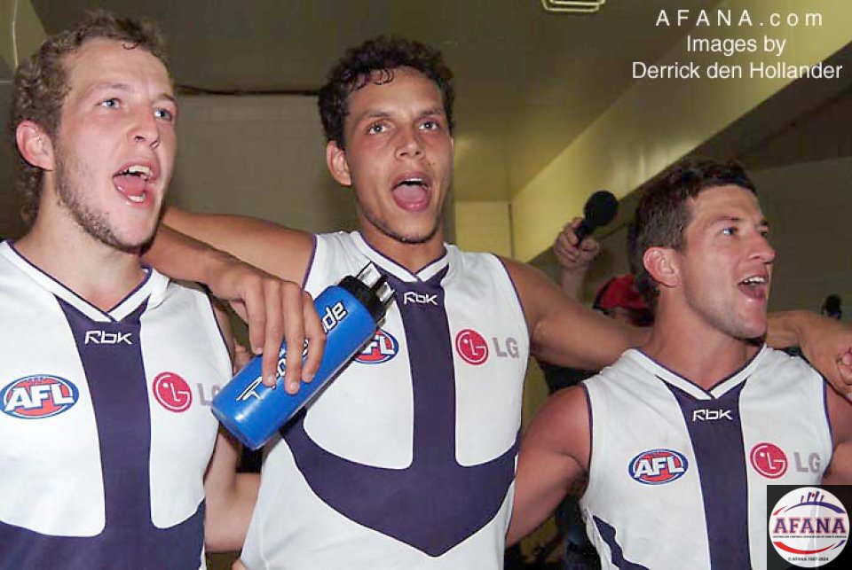 [b]In the lead-up to the 2006 Finals series, the Fremantle Dockers celebrate an away win[/b]