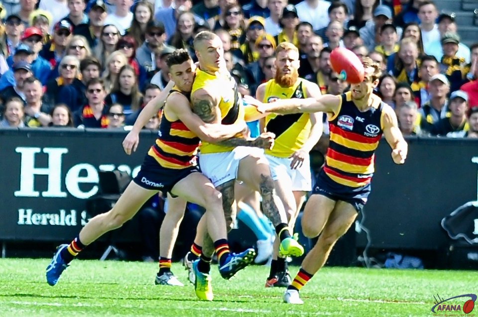 Dusty gets his kick away under pressure from the Crows midfield.