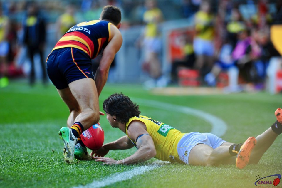 Rioli scraps the ball as Jake Kelly attempts the pick up.