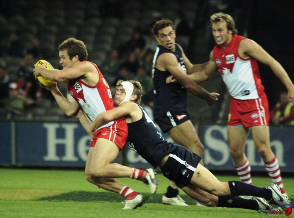 [b]The Sydney Swans attempt to clear the ball under a Carlton tackle[/b]