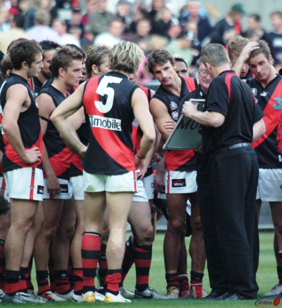 [b]Essendon coach Kevin Sheedy rearranges his options during a break in the ANZAC Day Collingwood clash[/b]
