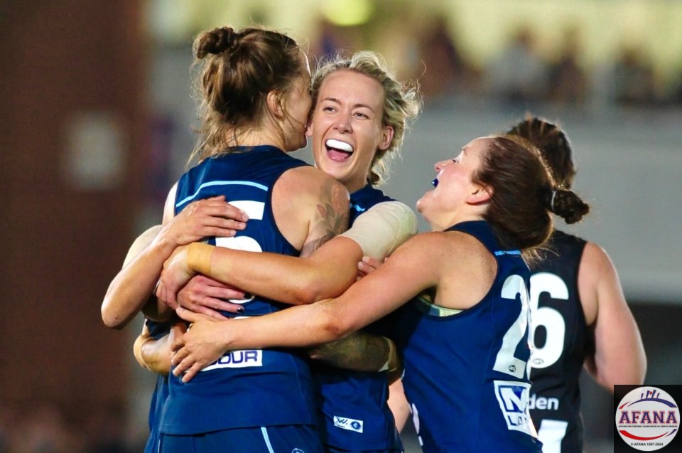 Jakobsson's (35) goals is celebrated as the Blues head for Victory