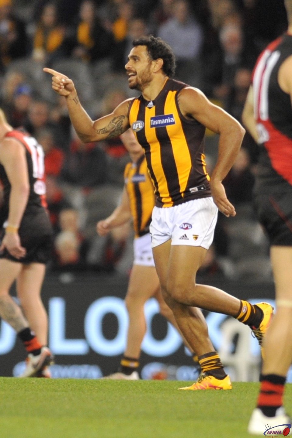Rioli celebrates during Hawthorns 100 plus points win over the Bombers