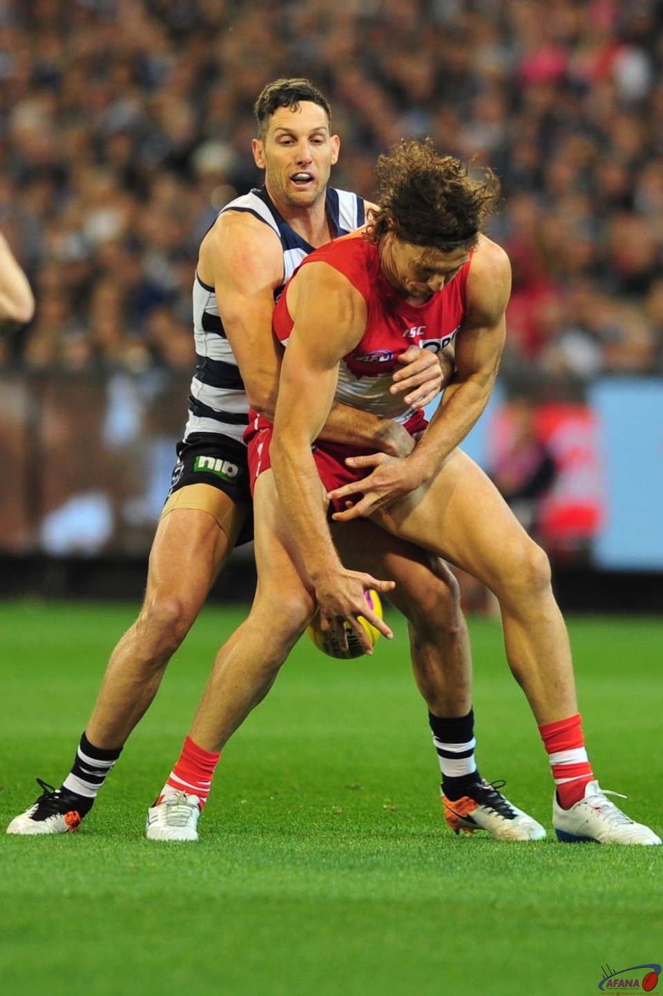 Tippett and Taylor contest the ball in