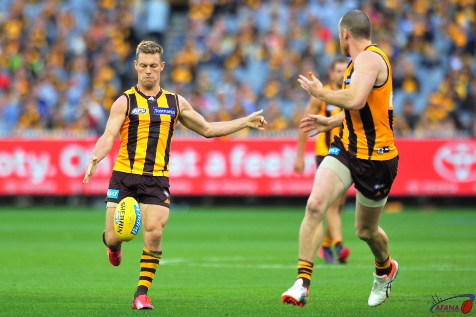 Sam Mitchell has a long kick into the forward fifty.