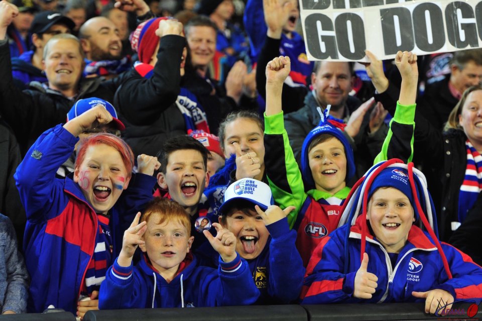 Young Bulldogs fans celebrate the win over Hawthorn