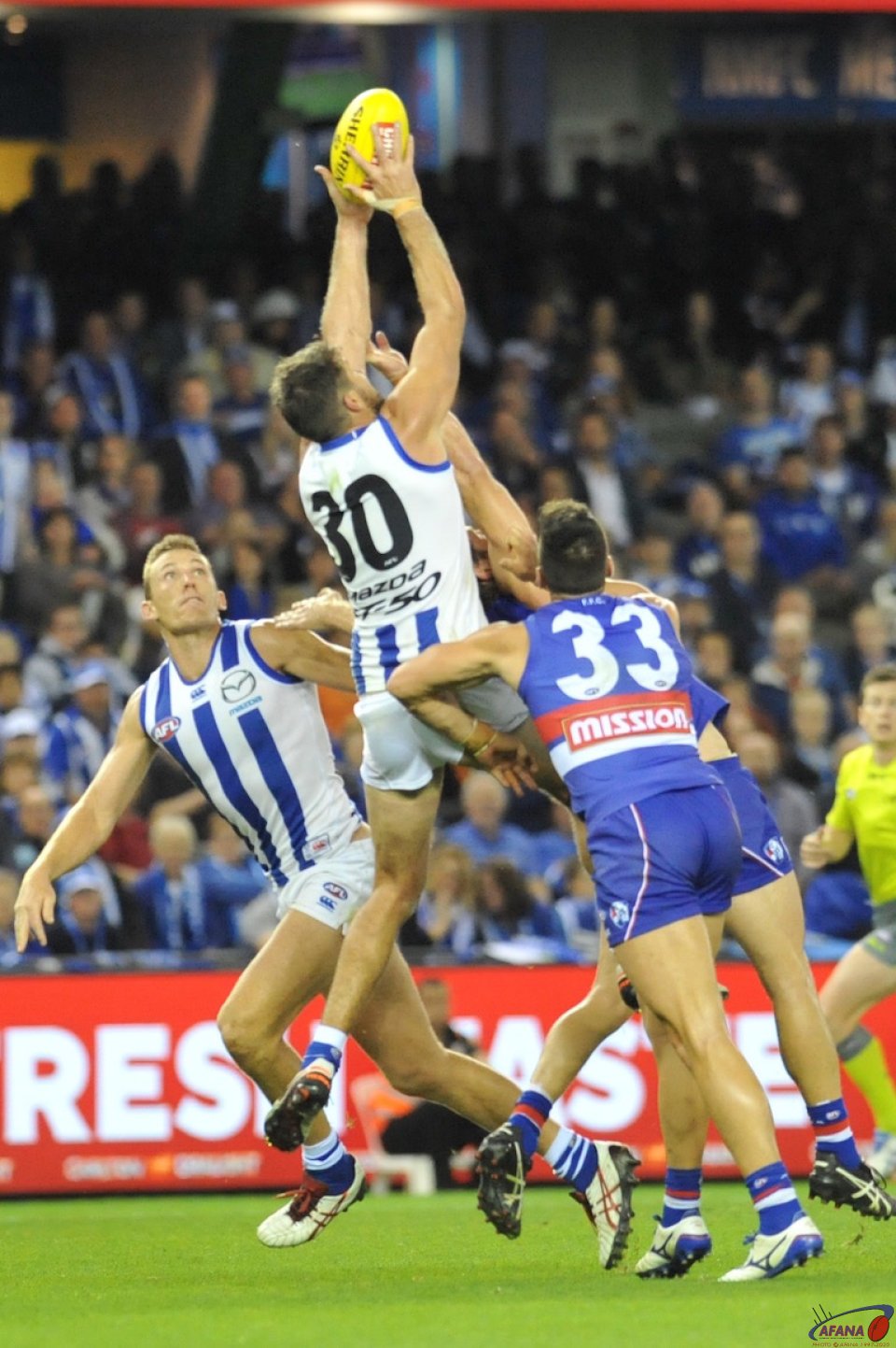 North's tall forwards outjumped the Dogs defence as Jarrad Waite outmarks them all