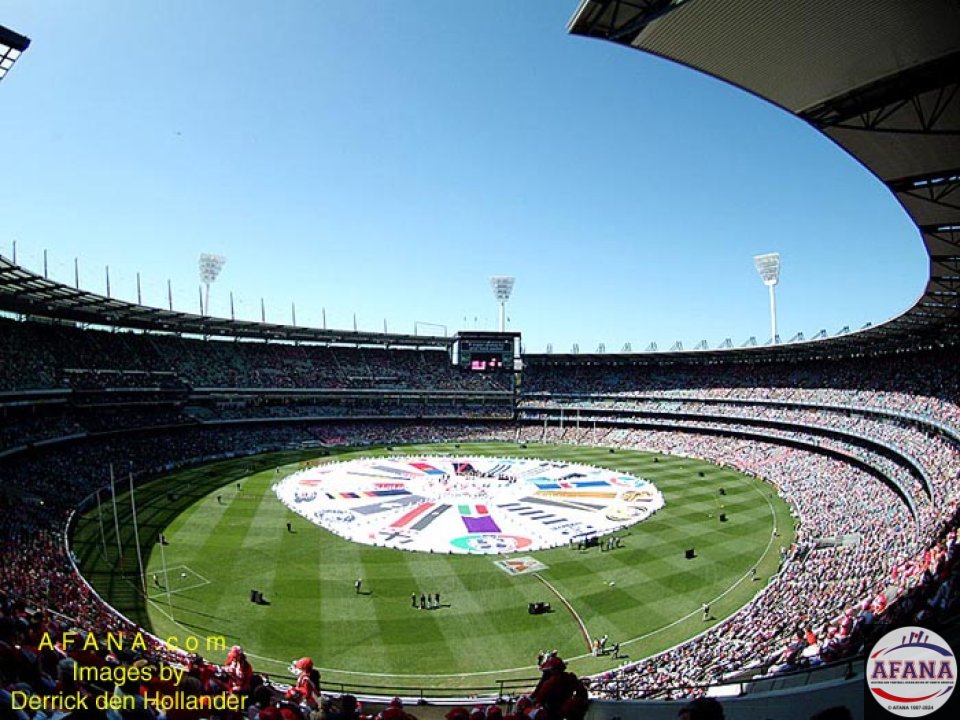 [b]Pre-match entertainment at the MCG, viewed from a spectator's perspective, high in the grand stands[/b]