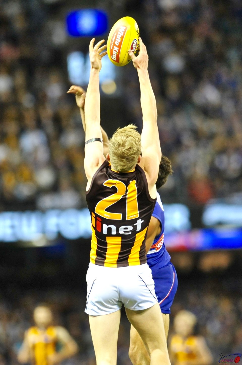 James Sicily marks in the midfield under pressure from the Dogs defensive